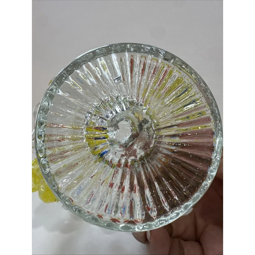 Vintage Hand Blown Art Glass Basket Confetti Spatter Ruffled Yellow Floral 6